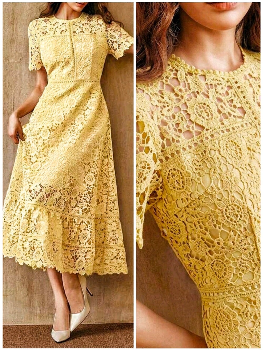 New Embroidered Floral Lace Ruffle Hem Midi Dress Short Sleeve Yellow